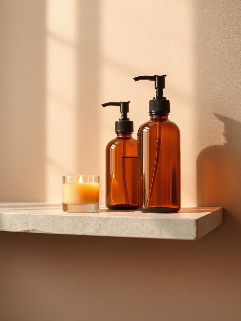 Amber apothecary bottles and a candle on a stone shelf