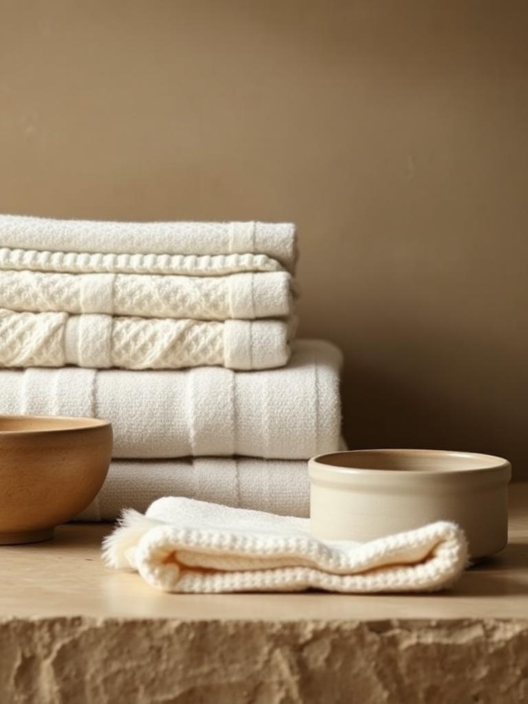 Folded boucle towels and a handmade ceramic bowl