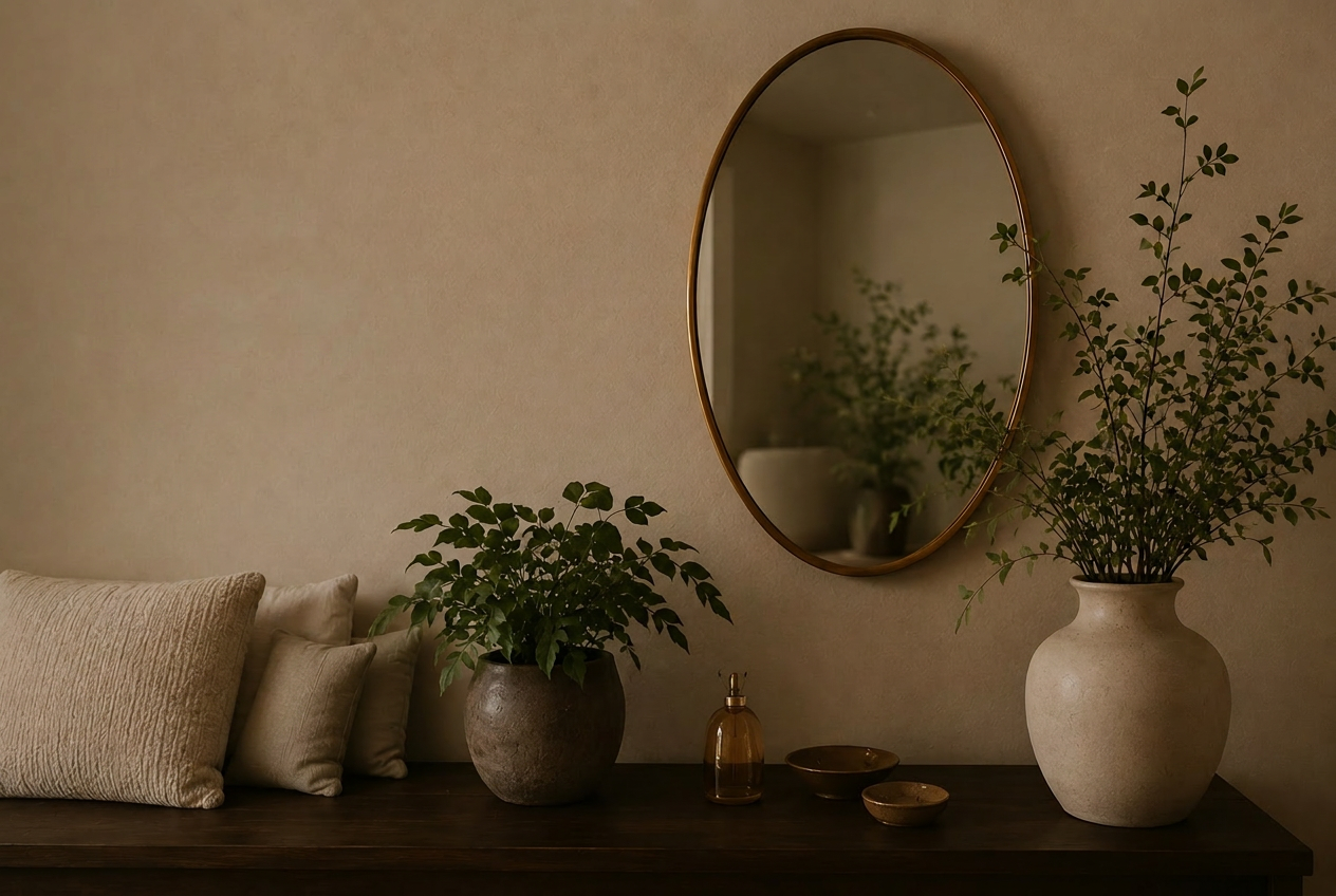 A quiet vignette with mirror and branches